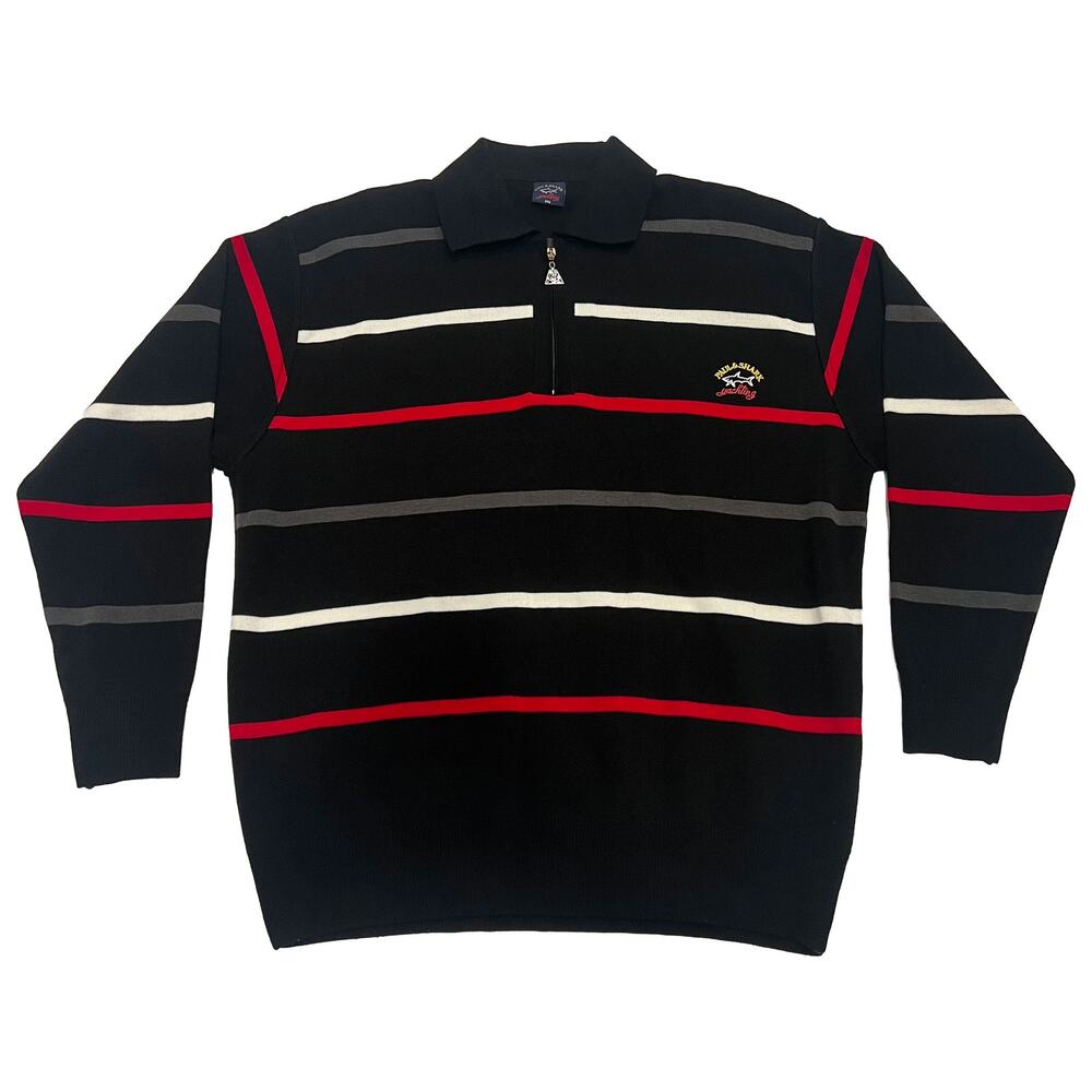 Paul & Shark Yachting Mens XXL Black Striped Quarter Zip Cotton Sweater Italy